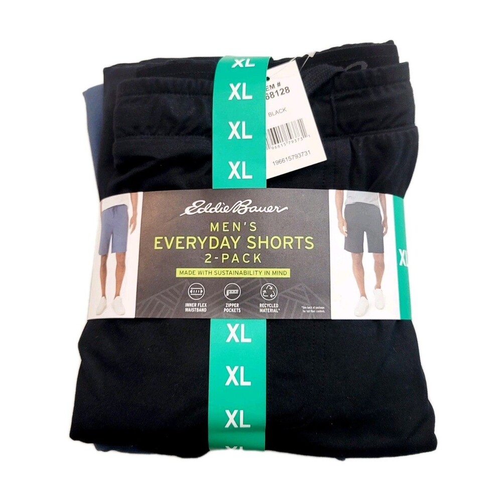 Eddie Bauer Men's XL Knit Lounge Shorts 2-pack Zip Secured Pocket B15 Black Blue - Picture 7 of 12
